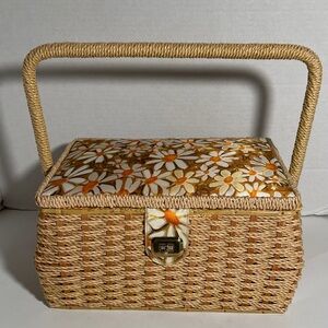Vintage Crazy Daisy Rattan Sewing Basket